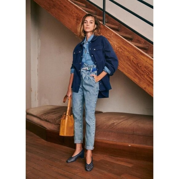 💕SEZANE💕 Austin Belted Paperbag Denim Trousers ~ Bleached Blue FR 36 NWOT - Picture 5 of 16
